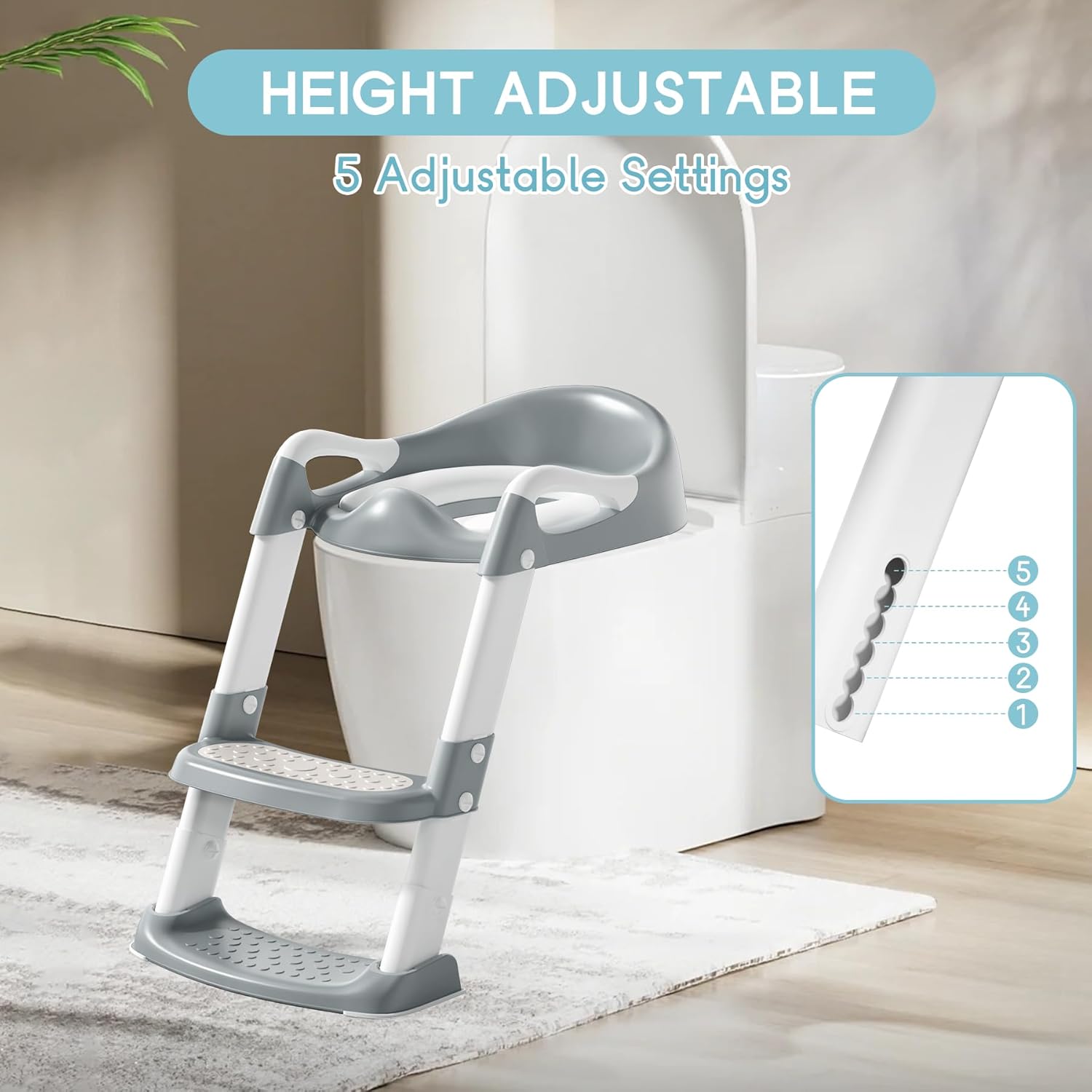 COOSEYA Potty Training Toilet with Step Stool Ladder, Toddler Kids Potty Training Seat for Boys Girls, Foldable Non-Slip Toilet Toddler Seat Splash Guard Soft Cushion Safety Handles (Grey)